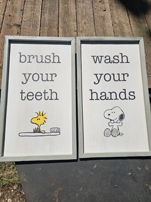 Pottery Barn Kids Brush Your Teeth Woodstock Bathroom Wall Art Sign Setx2 Snoopy