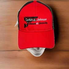 Corbin & Johnson Alarm Security Trucker Hat Red Cap America System snapback