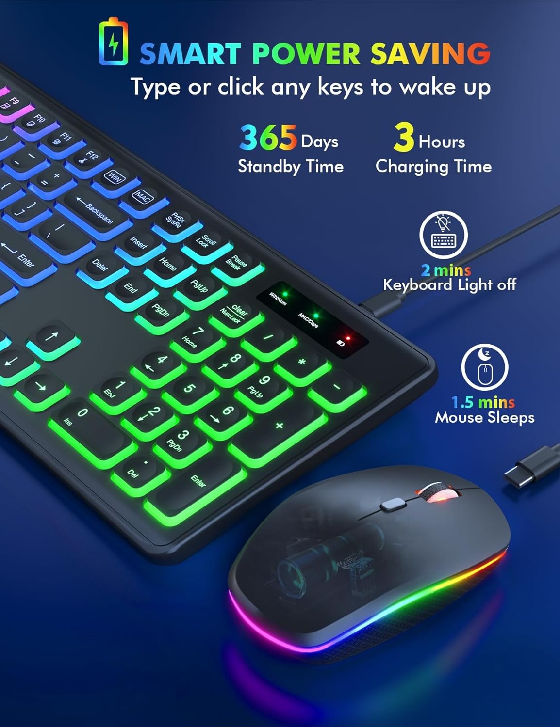 Wireless Keyboard and Mouse Combo - RGB Backlit, Rechargeable & Light up Letters