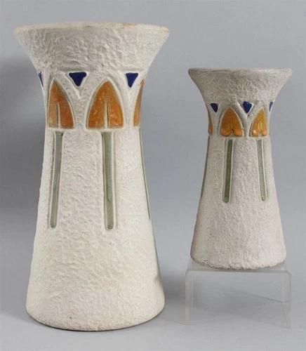 Antique Arts & Crafts ROSEVILLE Art Pottery Mostique Vases Original Paper Label