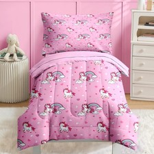 4 Pcs Comforter Set Toddler Size, Cute Pink Unicorn Bedding for Kids Teen, Ca...