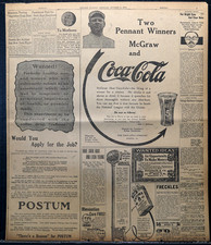1913 Chicago Newspaper Page - Rare World Series John McGraw Coca Cola Arrow Ad