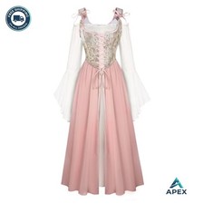 Women Renaissance Costume Medieval Fairy Dress Bell Sleeve Two Piece Corset