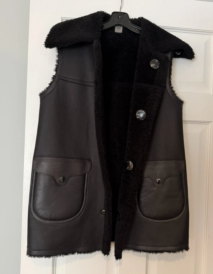 Chaleco de cuero de oveja de cordero COACH reversible cierre a presión negro talla 4 NUEVO Foto 3 de 4