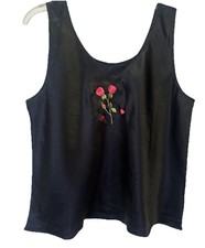 Vintage Y2K 90s O.Y.O. Black Floral Embroidered Satin Tank Cami Whimsy Size L
