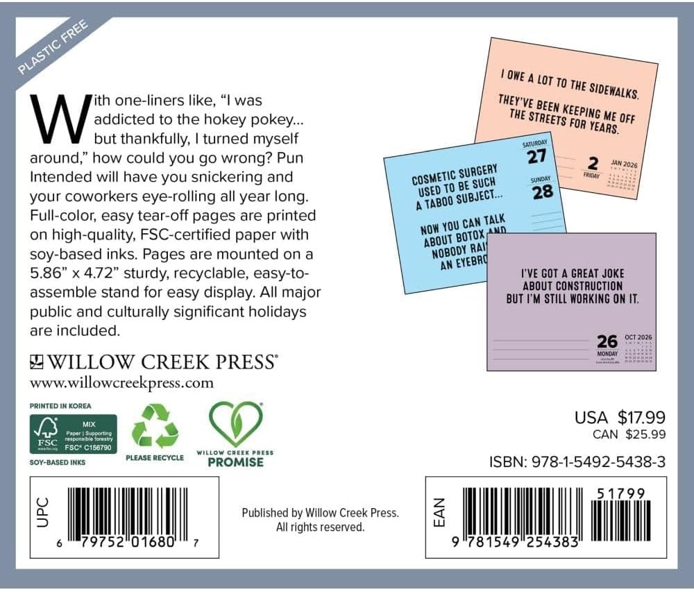Willow Creek Press, Pun Intended 2026 Desk Calendar, 6.18'' X 5.43'', Daily Cale