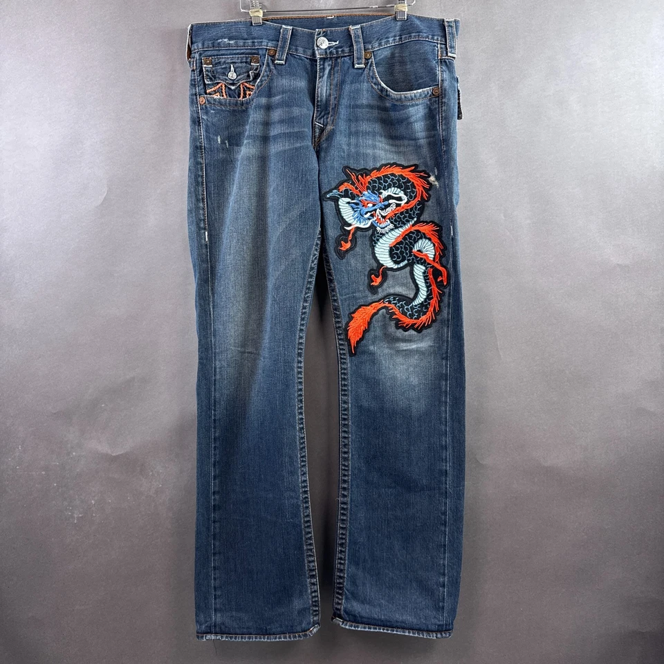 True Religion Jeans Mens 38x34 Blue Denim Pants Custom Dragon Embroidery (Tag34) - Image 2 of 4