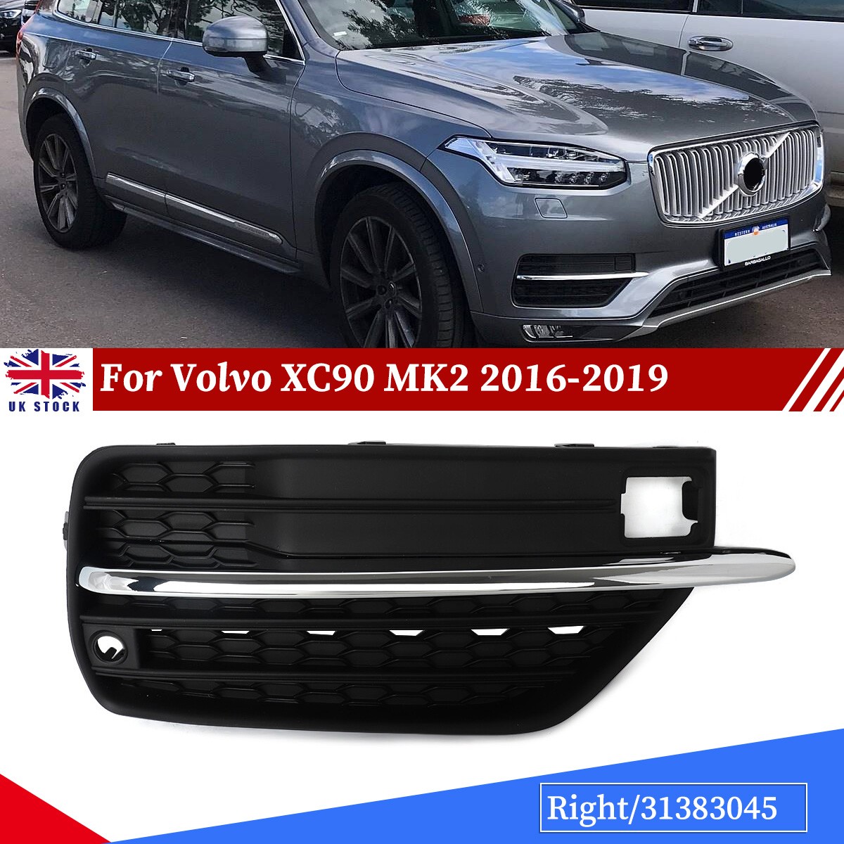 New Front Right Side Bumper Fog Light Grille 31383045 For Volvo XC90 2016-2019