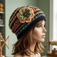 crochet-handmade-womans-flower-hat-beanie-neon-orange-puffs-new