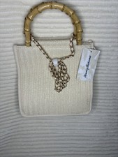 TOMMY BAHAMA Woven Straw Tote Purse Wooden Bead Handle & Gold Chain Strap