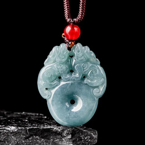 Certified Natural Grade A Blue Water Jade Jadeite PiXiu Donut Pendant Necklace - Picture 2 of 9