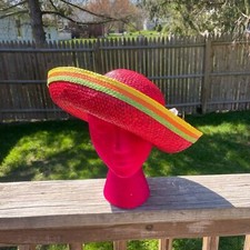 Vintage Multicolor Straw Hat With Flowers Hot Pink