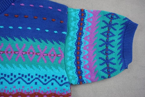 Vintage Ski Sweater Knit Teal Beldoch Popper USA Geometric Medium - Picture 4 of 9