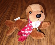 1997 Coca Cola Christmas Seal in Red Scarf Holding Coke Bottle Beanbag Plush 7"