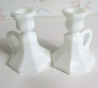 Vintage Milk Glass Candle Stick Holders w Finger Loop Handles