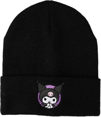 Sanrio Kuromi Purple Circle Logo Black Cuffed Knitted Beanie NEW IN BAG!