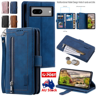 For Google Pixel 9 8 7 6 Pro 8A 7A 6A Leather Zipper Wallet Card Case Flip Cover