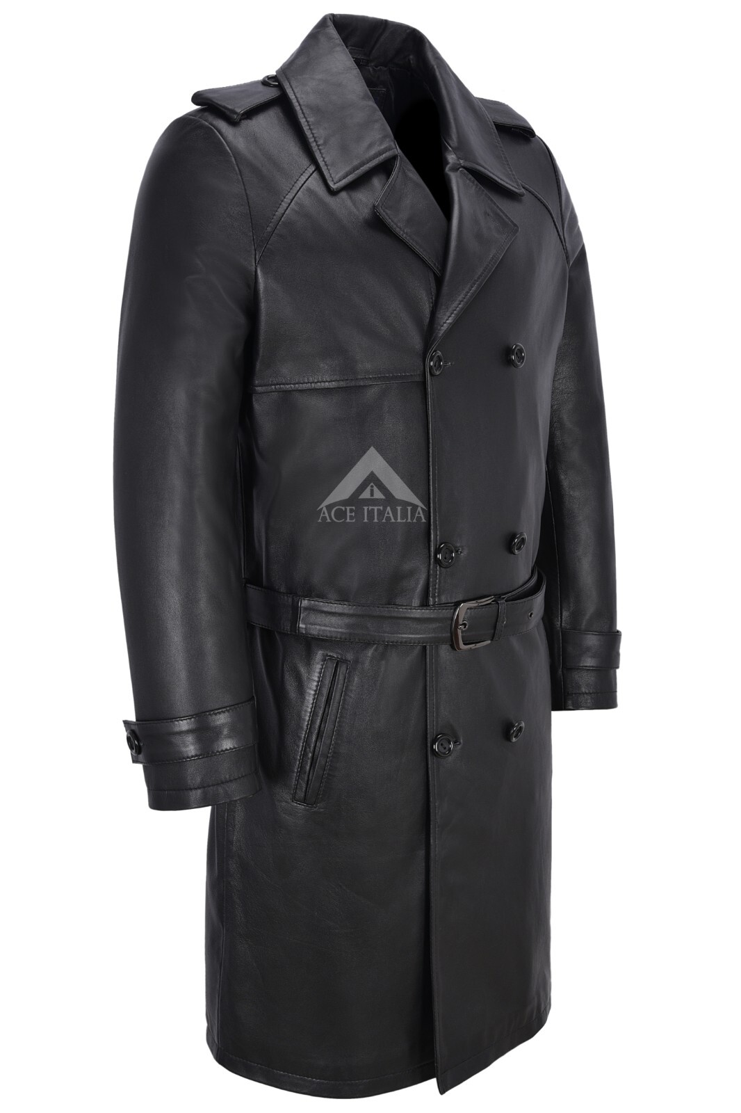 ALTRA Trench uomo lunghezza ginocchio pelle nero pelle di agnello doppiopetto classico 6970