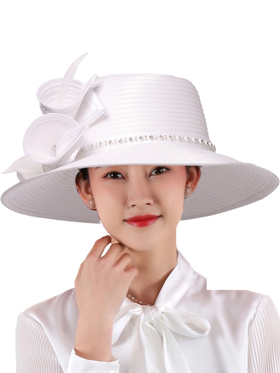 White Fedora Derby Boater Hat Big Brim Wedding Party Fascinators