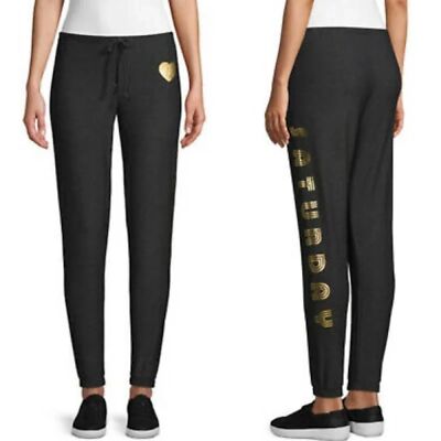 NWOT CHASER Black Gold Metallic Heart Saturday Graphic Jogger Pants Size Small