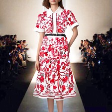 Occident Women's Lapel Short Sleeve Red Flower Print Belted A-line Midi Dresses