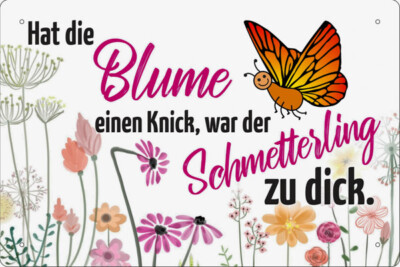 Blechschild Hat die Blume einen Knick war der Schmetterling zu dick 30x20cm