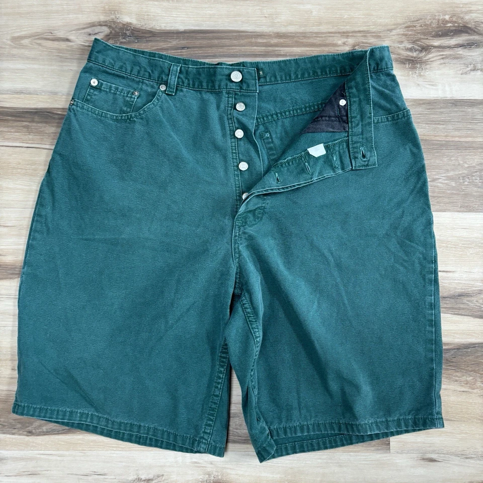 Vintage J Crew Shorts Mens 36 Jorts Jean Shorts Button Fly 90s Green Baggy USA - Image 2 of 4