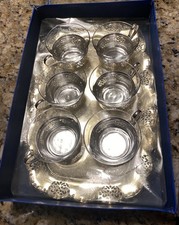 BMF Germany Silver Plate Tea Set Glass Cups Holders Tray VTG Set Of 6 Box