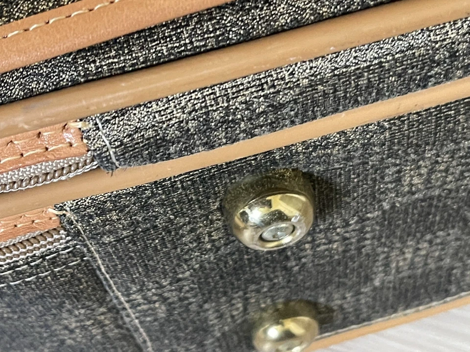 Vintage FRENCH LUGGAGE CO Checkered Tweed & Leather 22” Upright Wheeled Suitcase - Image 4 of 4