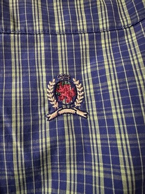 VINTAGE 90s Tommy Hilfiger Hemd LION CREST Logo Kariert Grün Blau Button-Down