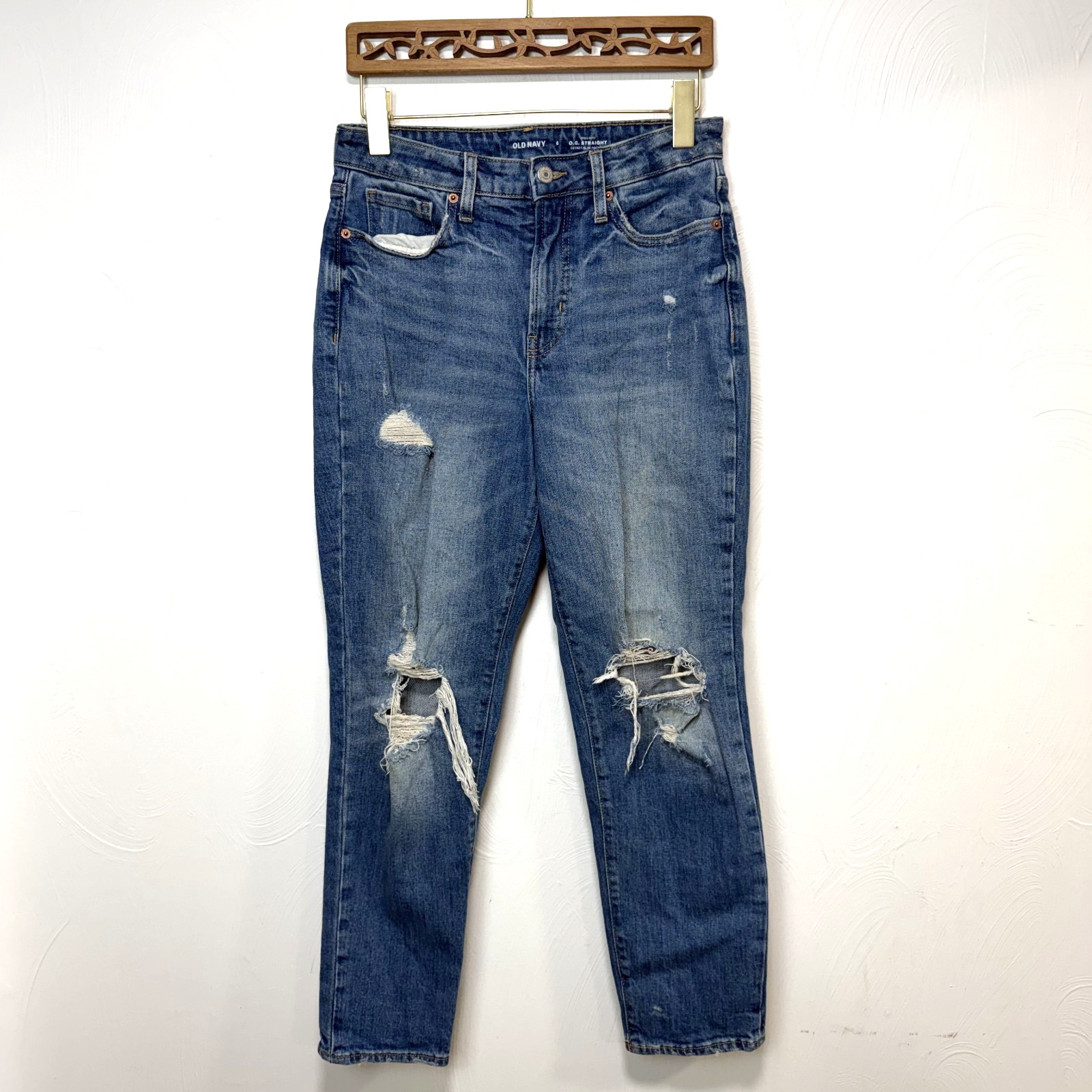 Old Navy Women's Medium Wash Denim O.G. Straight Distressed High Rise Jeans Sz 6