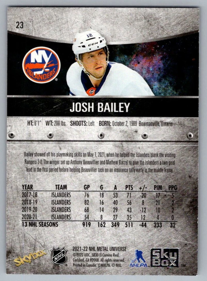 2021-22 SkyBox Metal Universe Josh Bailey New York Islanders #23 - Image 2 of 2