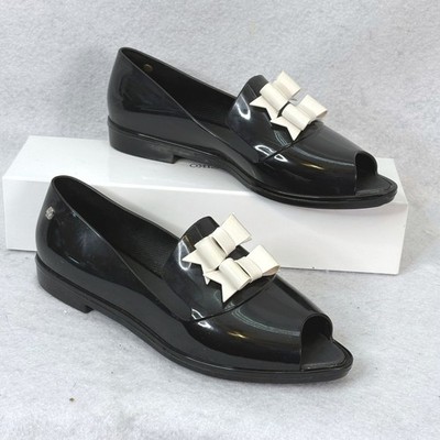 Melissa + Karl Lagerfeld Black Bow Peep Toe Jelly Flat Womens 6 Coquette Chic