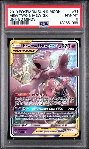 2019 POKEMON SUN & MOON UNIFIED MINDS #71 MEWTWO & MEW GX PSA 8