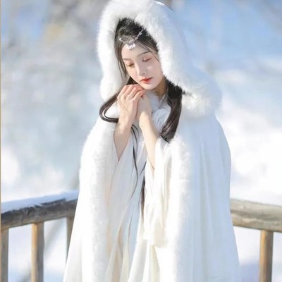 Women Winter Large Fur Collar Thicken Fleece Warm Cape Chinese Style White