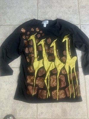 Y2K Sequin Beaded Giraffe Oversized Top Sweater Artsy Women s Sz L By Cedars