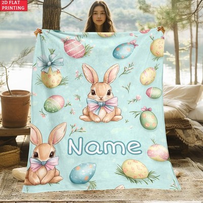 2d Flat 1pc Easter Eggs and Rabbits Custom Name Outdoor Portable Blanket-Light