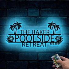 Personalized Hibiscus Pool Sign Metal Wall Led Light, Outdoor Patio Decor, Pools