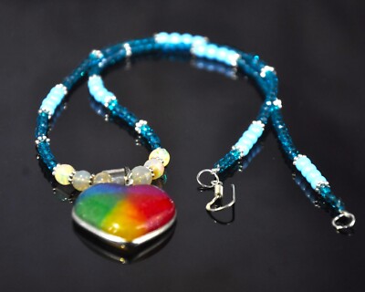 Rainbow Heart Pendant Necklace with Blue Crystal Beads, Turquoise, Opal  Beads