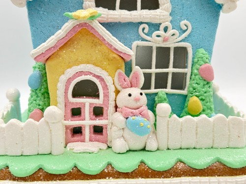 Easter Blue Gingerbread House Pink Roof Light Up Bunny Eggs Tabletop Decor 9 in - Picture 4 of 9