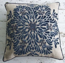 Arhaus Linen Throw Pillow w/Blue Embrodiered Beadwork+Down Insert~19x19~3 Avail