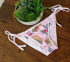 Wildfox Side Tie Bikini Bottom Striped Reversible Medium Bel air Pink logo