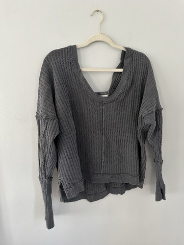 We the Free People sz L Top Buttercup Waffle Thermal Boho Gray Oversized Shirt