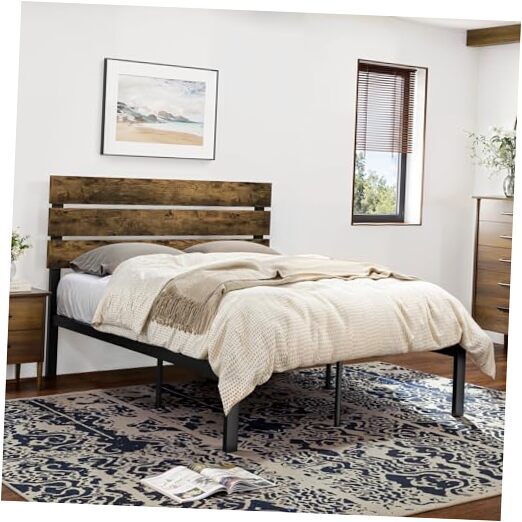 Rustic Style Platform Bed Frame Size with Wooden Headboard, Queen Dark Brown
