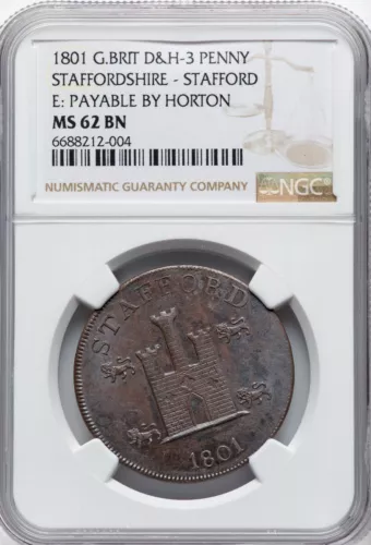 Great Britain - 1801 Staffordshire - Merchant Penny Token - NGC MS62 BN - SCARCE