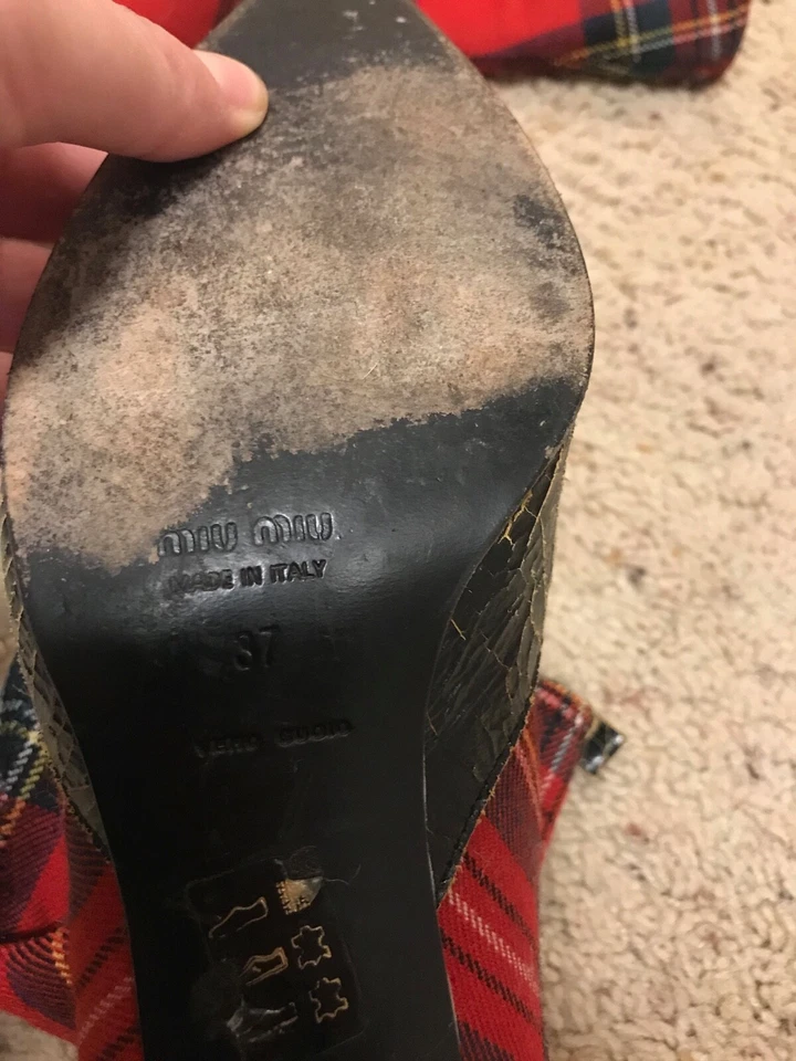 MIU MIU 复古中跟红色格纹格子靴 Y2K 羊毛 37 可爱皮革鞋头 — 第 4/4 张图片