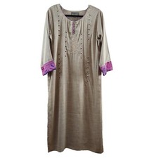 Womens USA Sz 12 14 Long Tunic Indian Kurta Embroidered Flowers Taupe W/ Purple
