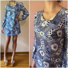 Vintage 60s psychedelic blue bishop sleeve Hippie Mod mini dress XS S