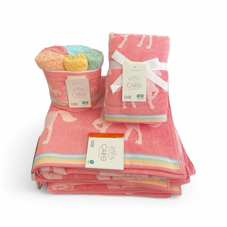 Caro Home 9PC Bath Towel Set UNICORN Coral Pink 100% Cotton Super Soft NEW - Image 2 of 4