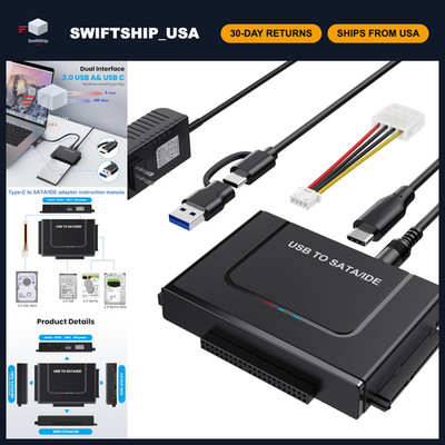 USB 3.0 IDE SATA Adapter, Type C External HDD Converter for 2.5/3.5'' SSD, 12V Po